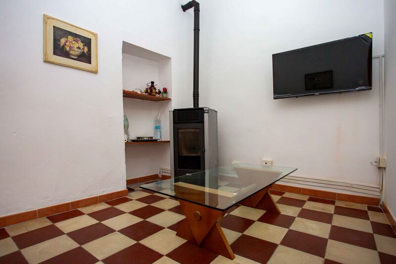 Il soggiorno con la stufa a pellet, la TV a parete e il tavolino